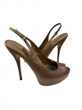 Gucci Brown Leather Peep-Toe Platform Slingback Pumps Gold Insole Sz 37/7 US